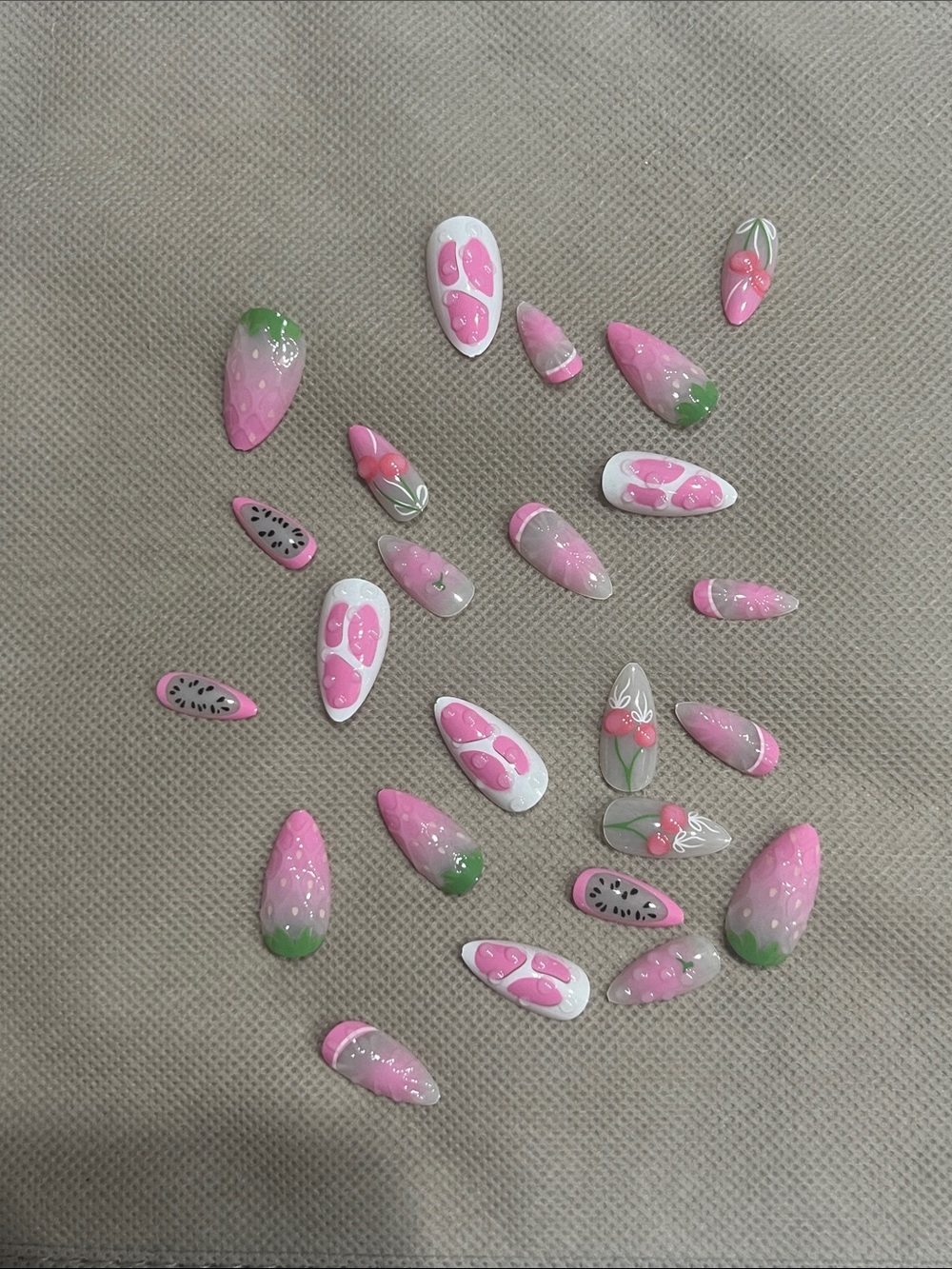 3D Pink Cherry Stiletto Press on Nails with White & Green Accents - Picture 3 of 3
